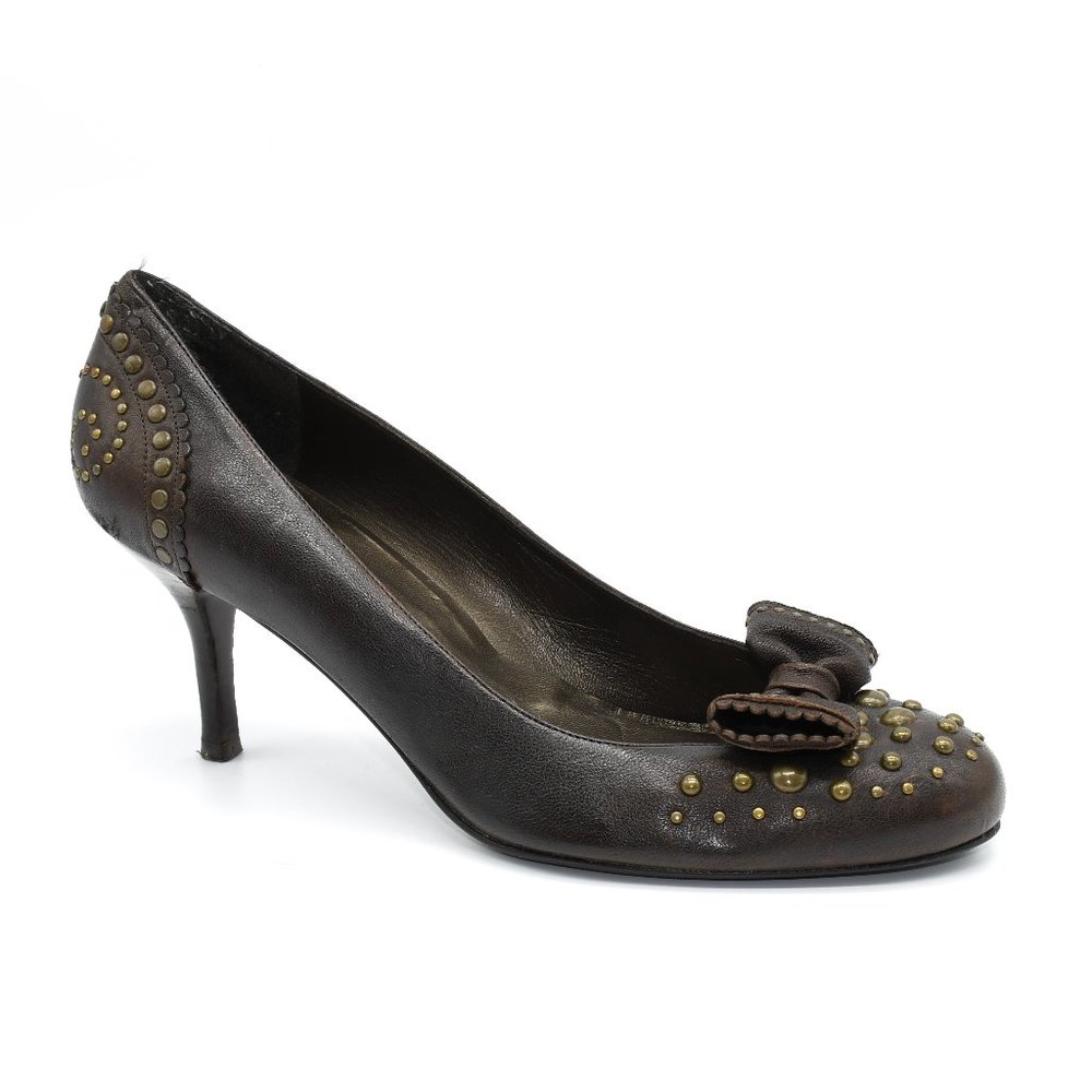 Stuart Weitzman Brown Studded Ballet Pump Bow 10